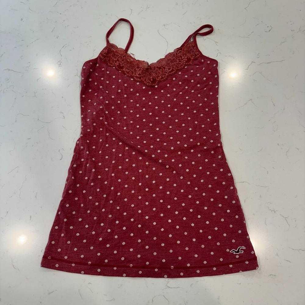 Vintage Hollister Womens S Y2K Baby Doll Lace Trim Cami Tank Top Red Polka Dot